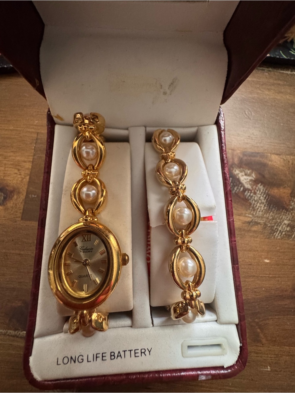 Gold-Tone Pearl Accent Women’s Watch and Bracelet Set